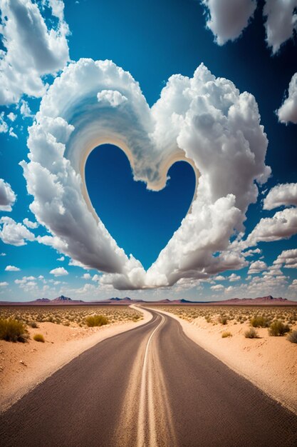 Photo a road with a heart shaped cloud in the sky