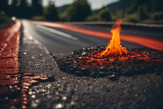 Foto una strada bucata e una mano a terra da cui escono delle fiamme