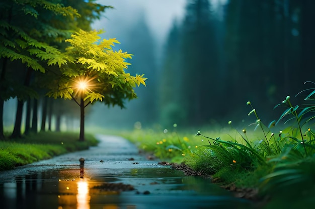 A road with a lamp post and trees in the background