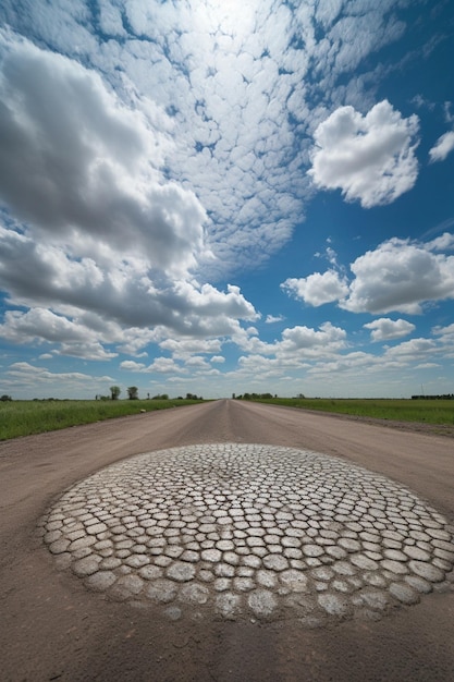 空に大きな雲のある道