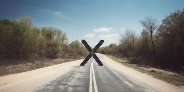 Foto una strada con una grande x su cui è scritto 