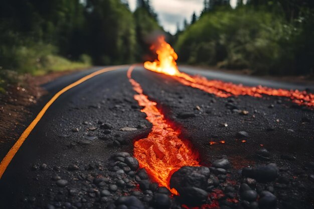 Foto una strada con un flusso di lava che è stata illuminata dal fuoco.