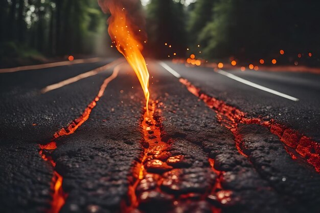 Foto una strada con un flusso di lava che ha una fiamma rossa.