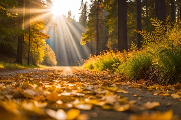 A road with leaves on it with the sun shining through the trees