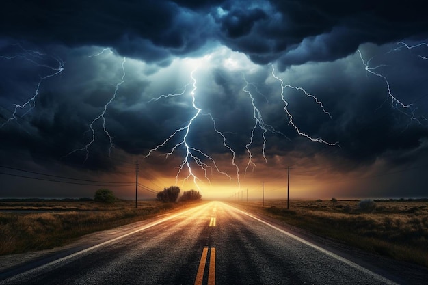 a road with lightning and a road sign