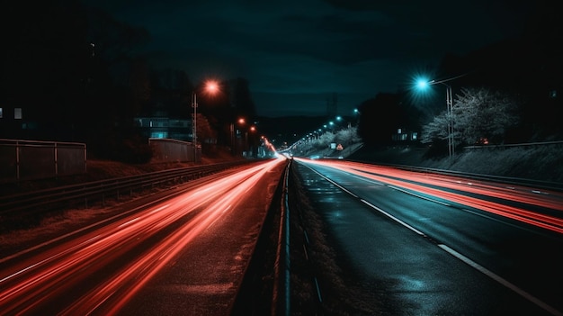 A road with lights on at night