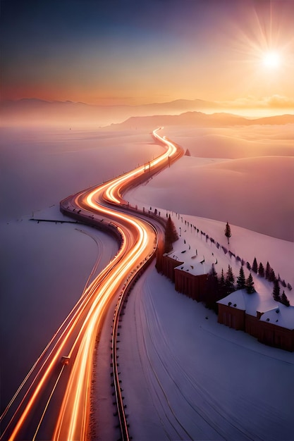 A road with lights on and a sunset in the background