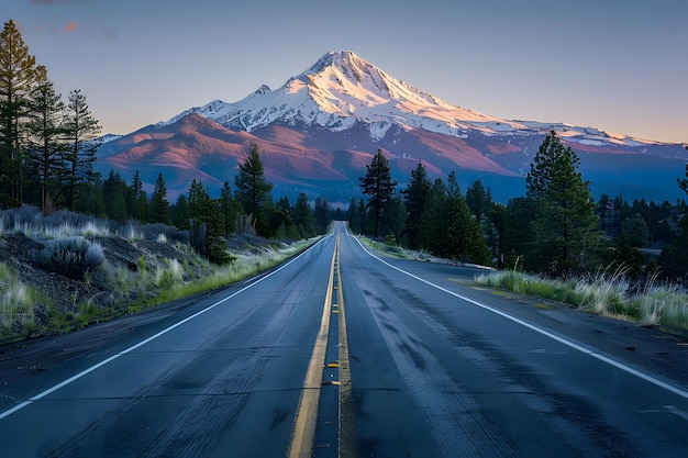 a road with a mountain in the background and a road with a mountain in the background