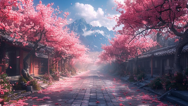 a road with a mountain in the background and a sign that says  cherry blossom