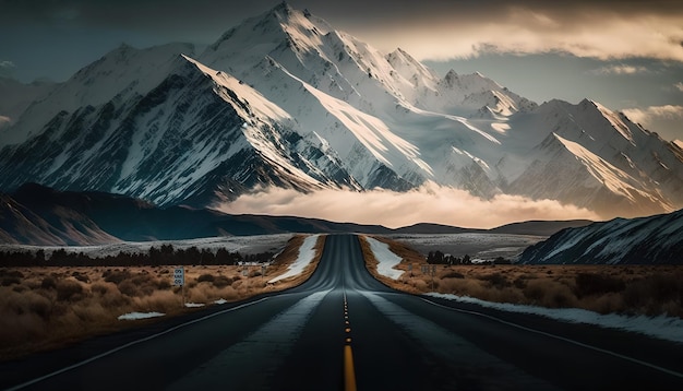 A road with a mountain in the background