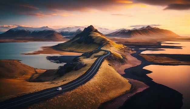 A road with mountains and a lake in the background