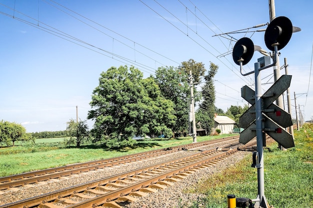 Road with old railway crossing and signs.