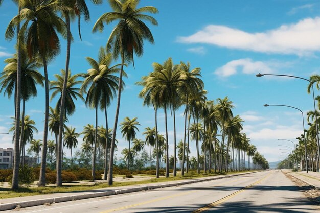 Photo a road with palm trees and a blue sky with clouds