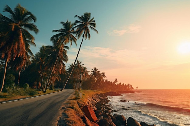 a road with palm trees on the side of it