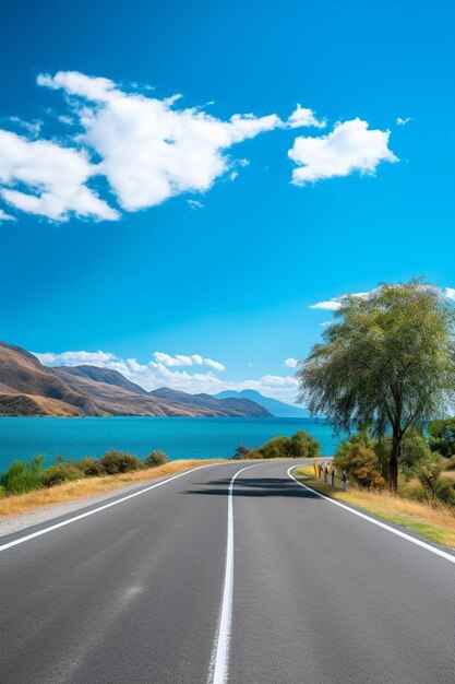 Photo a road with a picture of a lake and mountains in the background