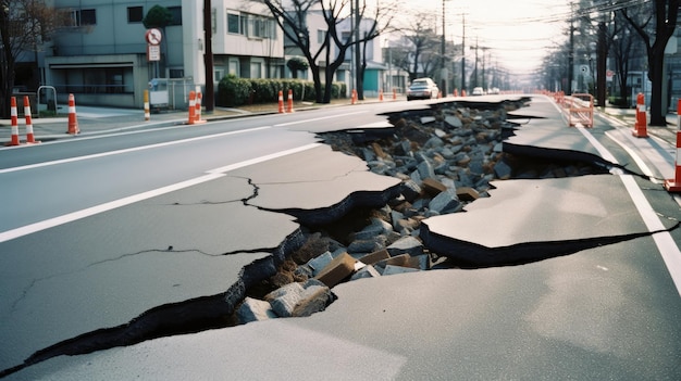 A road with a pile of rocks and a sign that says " no parking ".