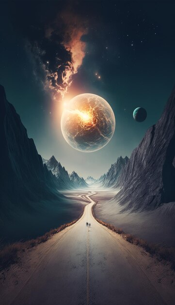 A road with a planet and a man on it