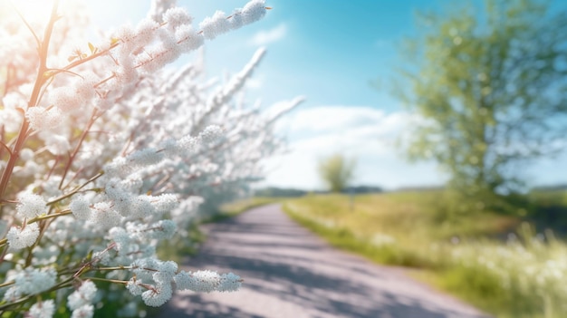 A road with a plant in the foreground and a blue sky in the background.