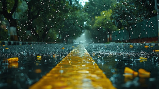 a road with raindrops on it