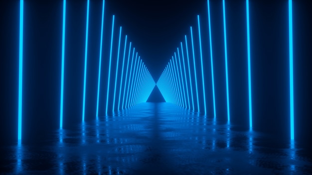 Дорога с отражениями, вдоль которых неоновые линии в синем 3D-рендеринге