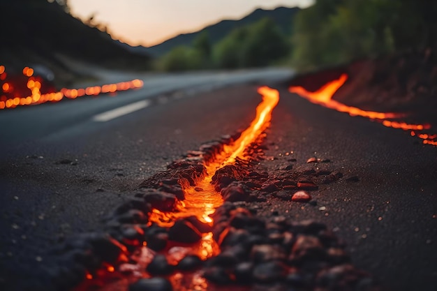 Foto una strada con rocce e una luce rossa al tramonto