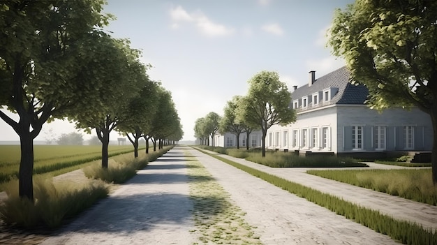 A road with a row of trees and a house on the left side.