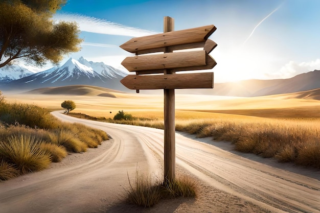 A road with a sign pointing to the right and a mountain in the background.