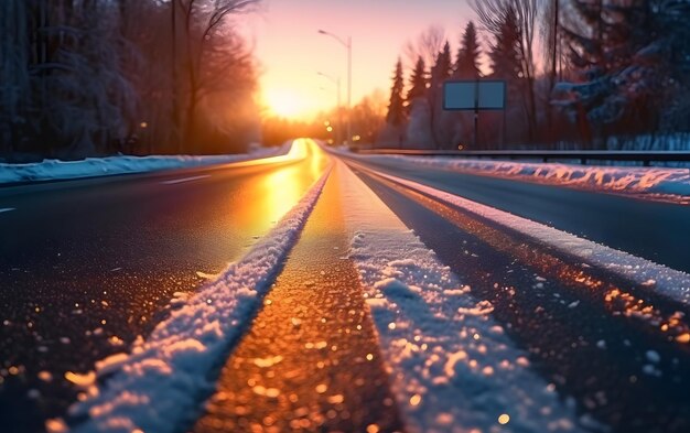 A road with snow on it and a sign that says'snow'on it