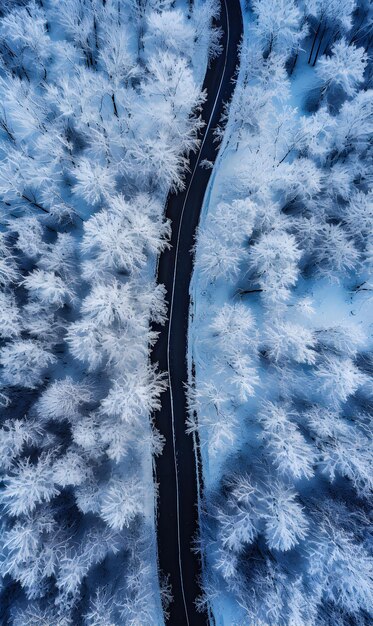 Photo road with snowcovered trees aerial view in bright light