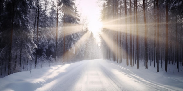 A road with a snowy road and a sunburst in the background