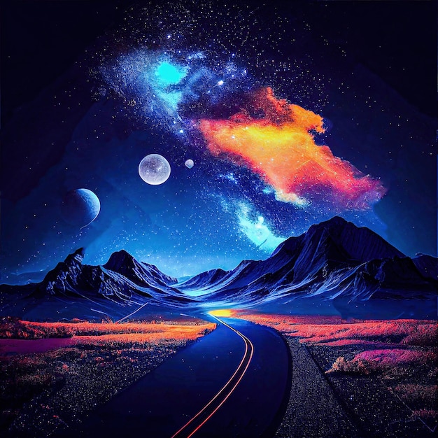 Premium AI Image | A road with the stars and the moon in the background