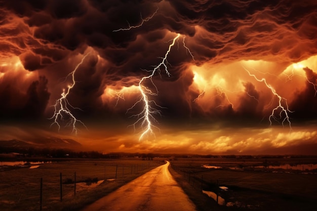 A road with a stormy sky and lightning strikes the sky.