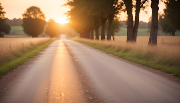 Foto una strada con un sole che tramonta dietro gli alberi