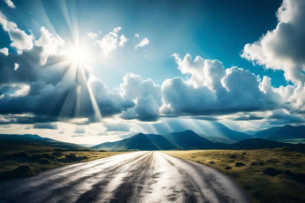 a road with a sun shining on the sky