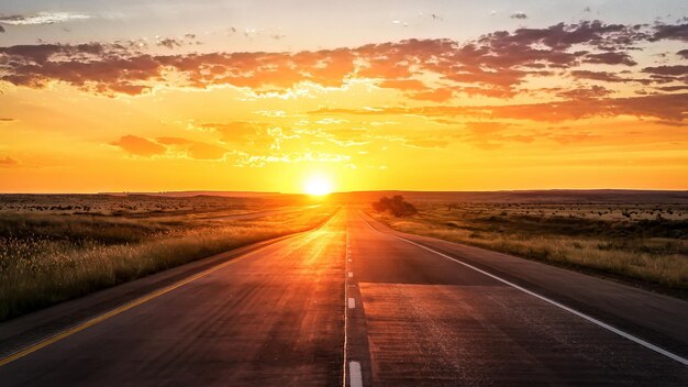 背景に夕焼けがある道路