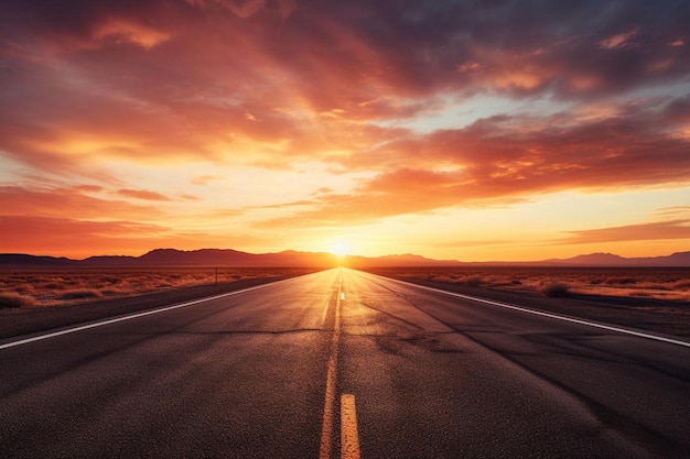 夕日を背景にした道路