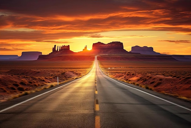 a road with sunset horizon that leads into the desert in the style of iconic american