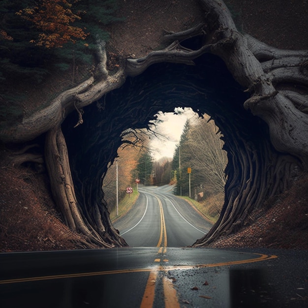 Photo a road with a tree growing out of it