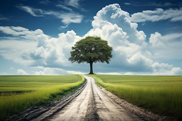 Foto una strada con un albero all'orizzonte