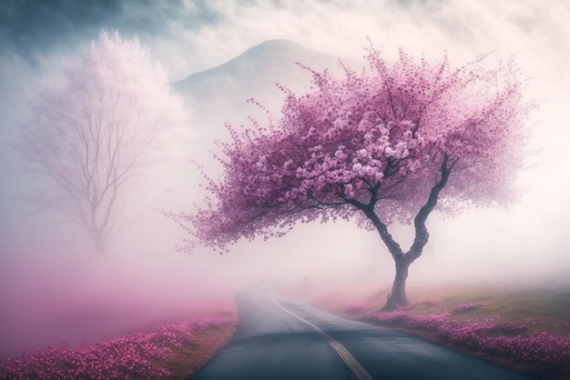 A road with a tree in the middle of it with a pink flower in the foreground.