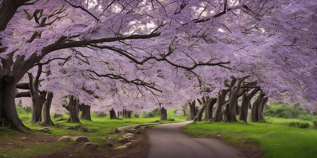 A road with a tree in the middle and purple flowers on the right.