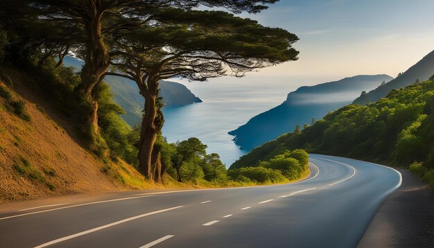 Photo a road with a tree on the side and a road with a view of the ocean in the background