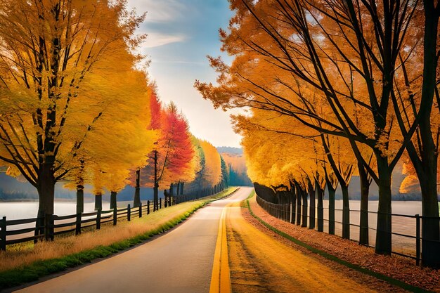 A road with trees on both sides and a road with a fence in the background