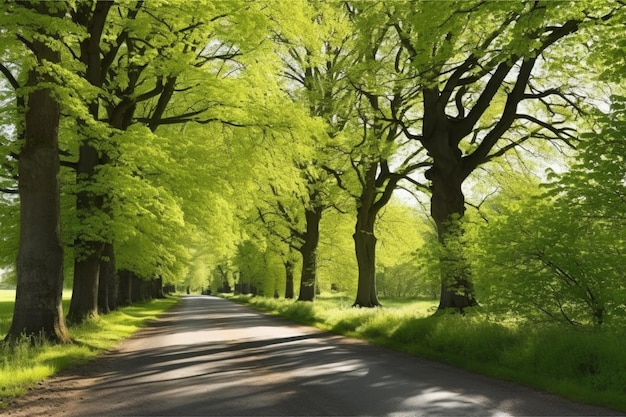 A road with trees on both sides and the word " green " on the right.