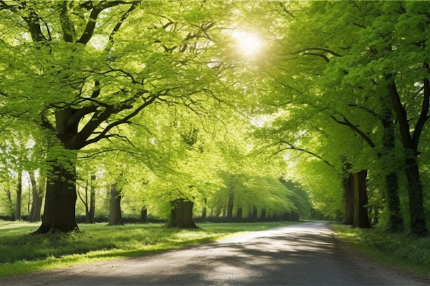 A road with trees and the sun shining through them