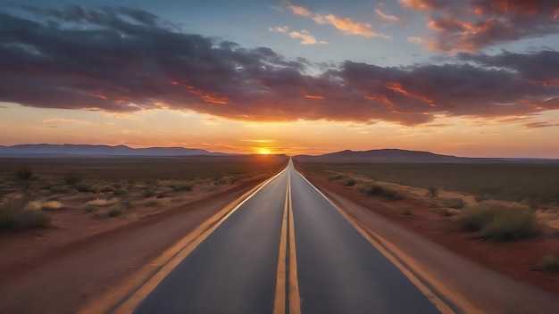 Road with vanishing point at sunset