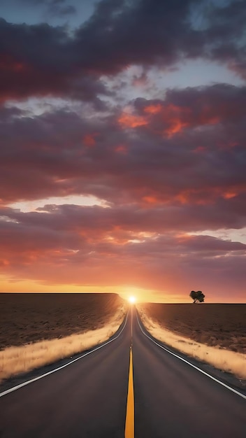 Road with vanishing point at sunset