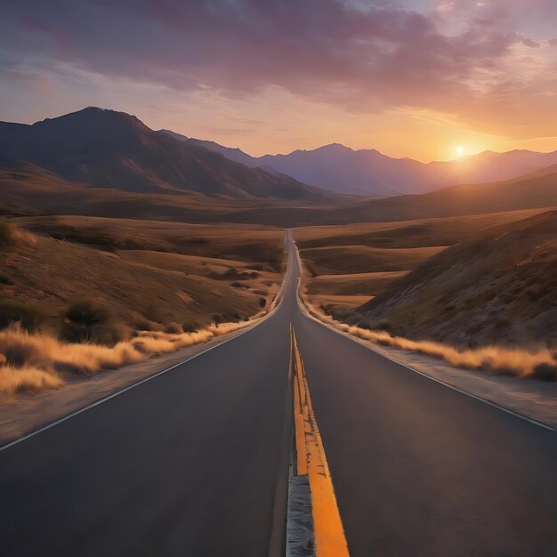 Road with vanishing point at sunset