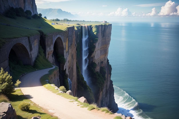 A road with a waterfall on the side of it