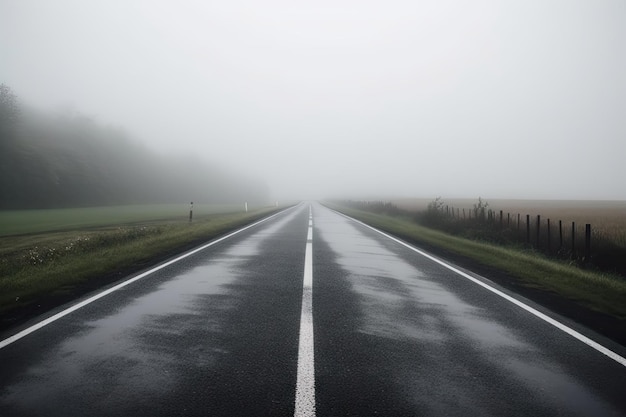 Road with wet asphalt on foggy morning surrounded by misty landscape